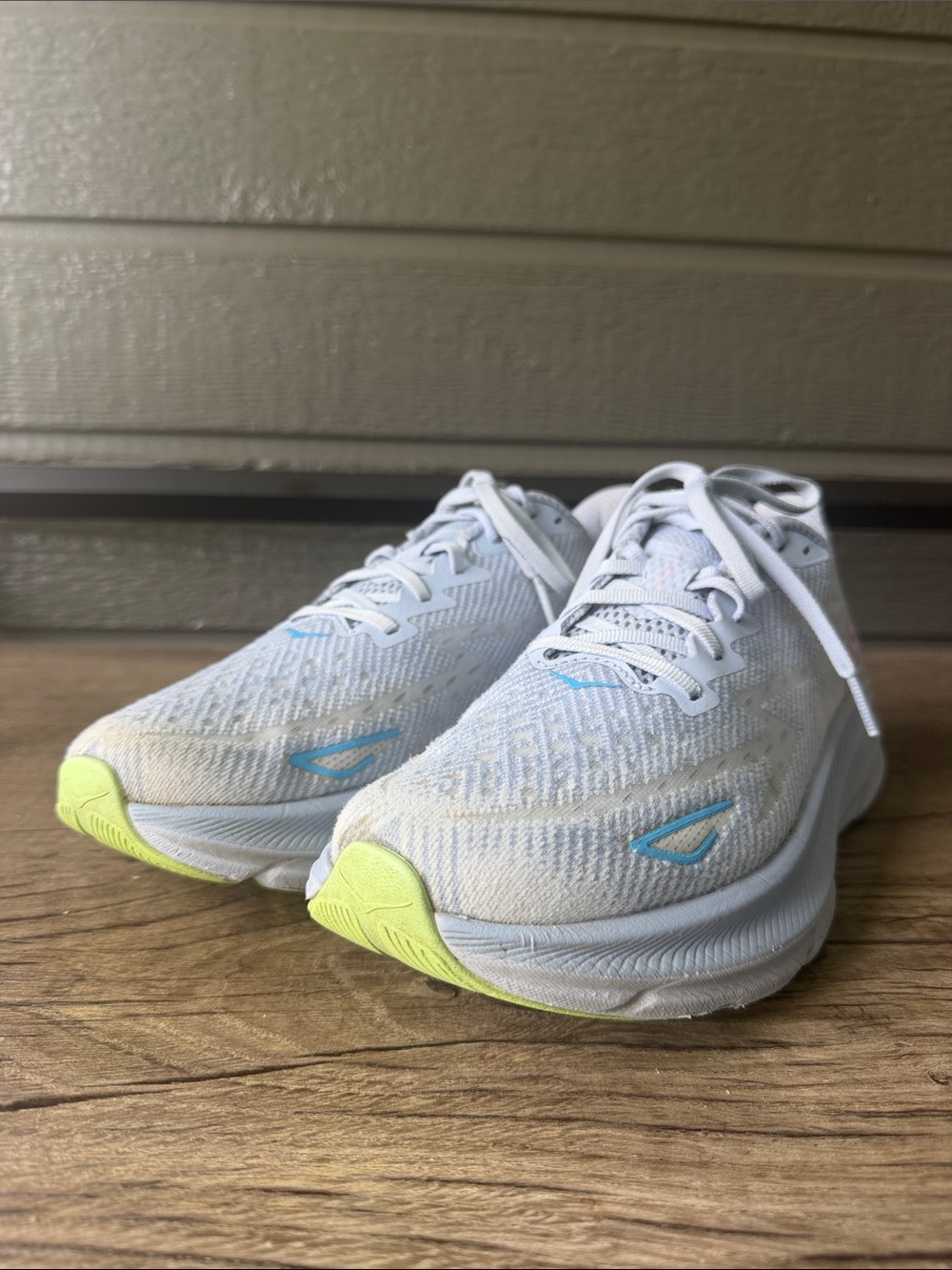 Hoka One One Women's Clifton 9 White with Light Blue and Lime Athletic size 10 B